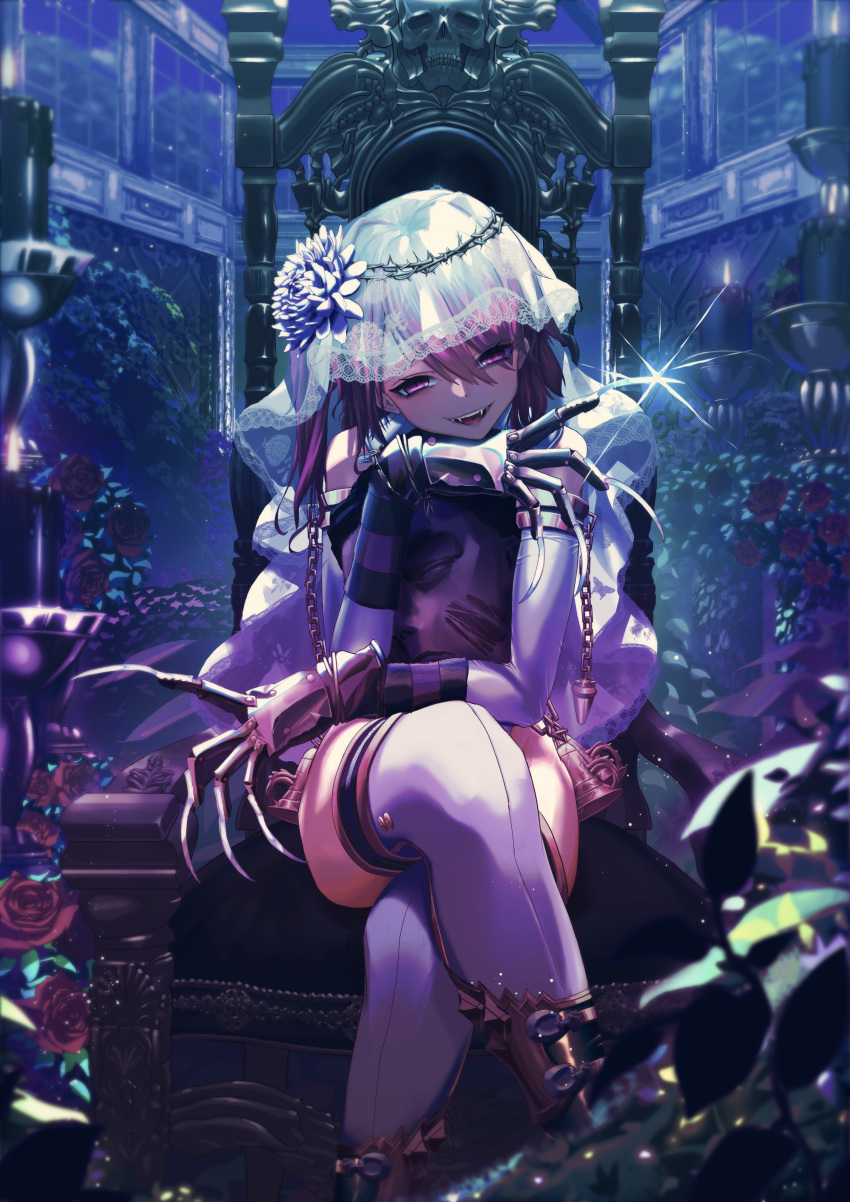 1girl absurdres bell chains chair claw_(weapon) claws cuffs elbow_gloves fangs flower garden gloves hair_flower hair_ornament half-closed_eyes head_rest head_tilt highres legs_crossed night original panamuru purple_hair rose see-through shackles side_ponytail sitting skull_print slit_pupils solo thigh-highs thorns torn_clothes veil violet_eyes weapon