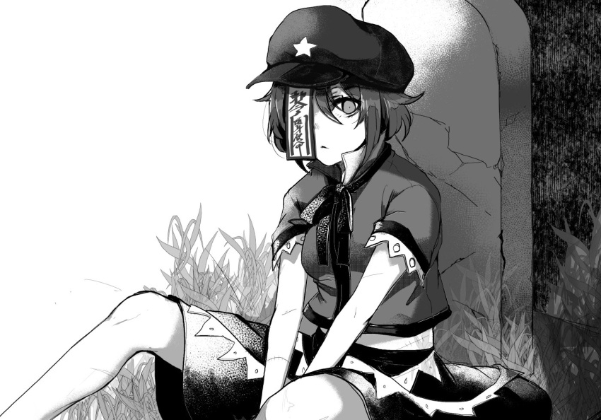 13_(spice!!) 1girl against_rock bent_knees between_legs breasts closed_mouth collared_shirt commentary_request eyelashes feet_out_of_frame flat_cap grass greyscale hand_between_legs hat jiangshi knees_up looking_at_viewer medium_breasts midriff miyako_yoshika monochrome neck_ribbon ofuda popped_collar ribbon scar shirt short_hair short_sleeves sitting skirt solo star stitches tombstone touhou