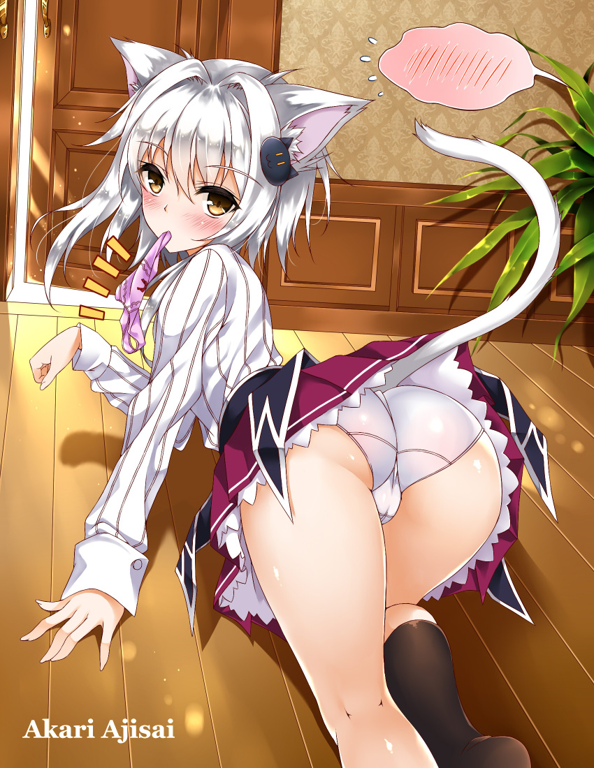 1girl akari_ajisai all_fours animal_ears artist_name ass blush cat_ears cat_hair_ornament cat_tail commentary hair_ornament high_school_dxd highres kuoh_academy_school_uniform mouth_hold panties paw_pose purple_panties school_uniform short_hair silver_hair tail toujou_koneko underwear white_panties yellow_eyes