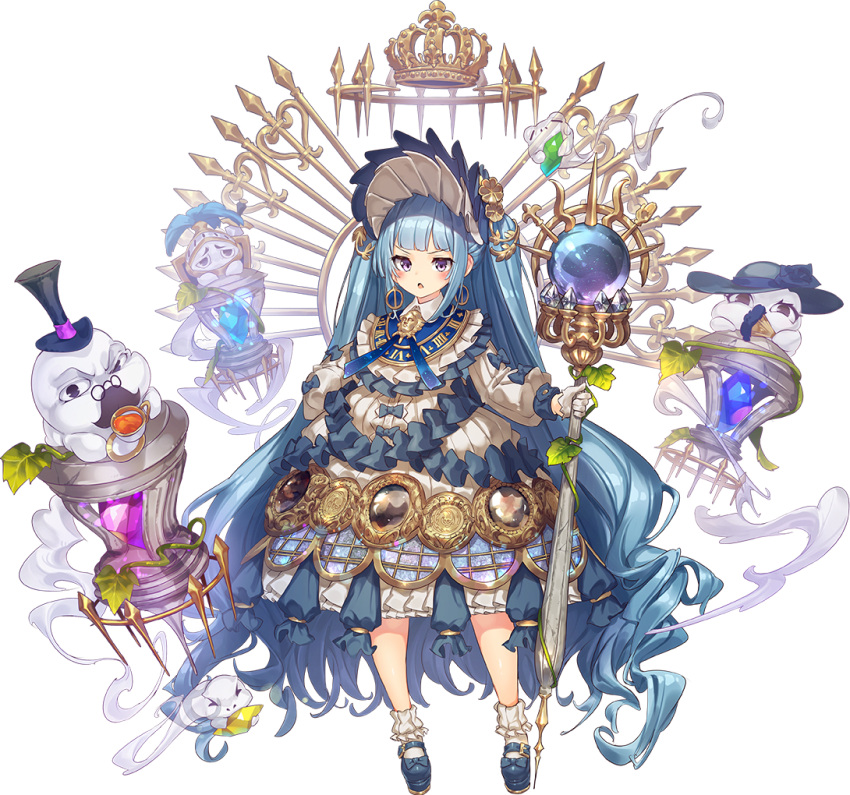 1girl artist_request blue_footwear blue_hair bonnet crown dress earrings familiar frilled_dress frills full_body jewelry long_hair official_art oshiro_project oshiro_project_re solo transparent_background versailles_(oshiro_project) very_long_hair violet_eyes