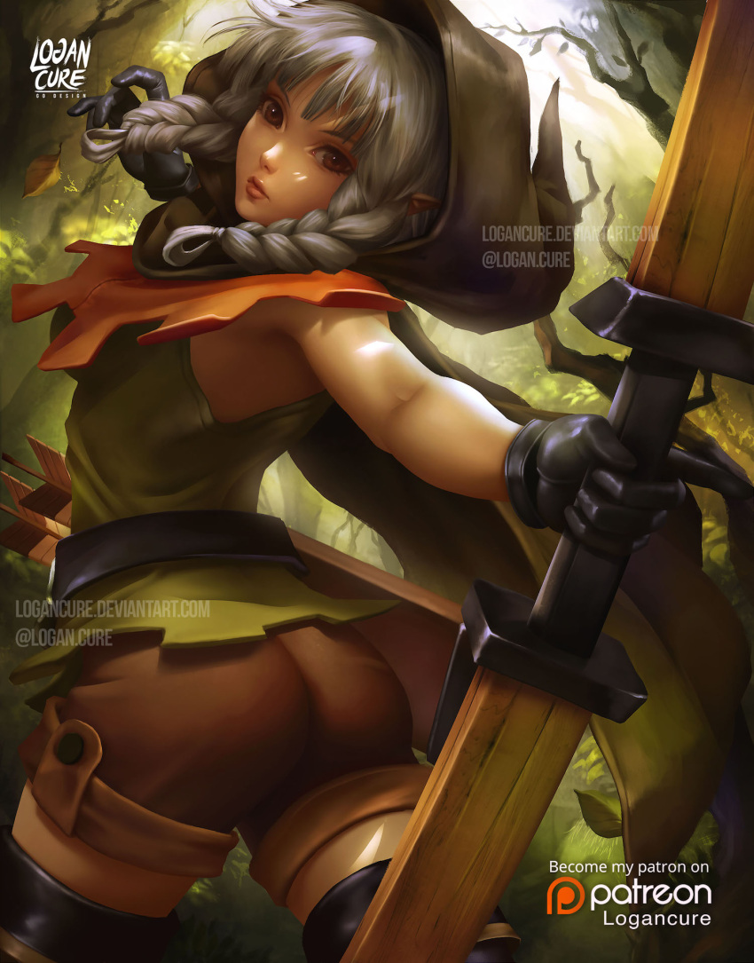 1girl archery arrow ass bare_shoulders black_gloves boots bow_(weapon) braid branch breasts brown_eyes dragon's_crown elf elf_(dragon's_crown) gloves highres leaf logan_cure long_hair looking_at_viewer patreon pointy_ears quiver shorts silver_hair solo thigh-highs thigh_boots weapon