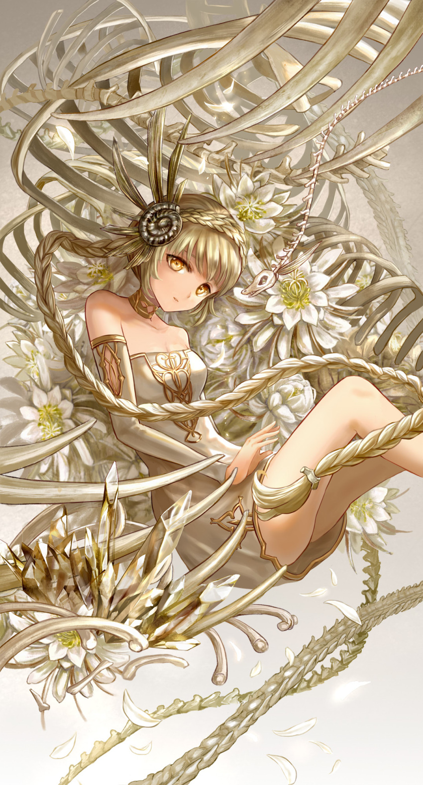 1girl bare_shoulders blonde_hair bone braided_ponytail choker collarbone commentary_request crystal detached_sleeves dress flower gold_trim gradient gradient_background grey_background hair_ornament head_tilt highres keiko_(mitakarawa) knees_up looking_at_viewer original parted_lips petals reclining short_hair skeleton solo strapless strapless_dress white_dress yellow_eyes