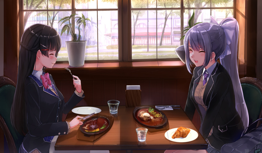 1girl 2girls :d ^_^ ^o^ absurdres akasaai bag bangs black_hair black_jacket blazer bow bowtie breasts building chair closed_eyes croissant cup day drink drinking_glass duffel_bag eyebrows_visible_through_hair facing_another food fork from_side hair_bow hair_ornament hairclip highres higuchi_kaede holding indoors interior jacket knife long_hair long_sleeves meat medium_breasts multiple_girls necktie nijisanji on_chair open_mouth pink_bow pink_neckwear plaid_neckwear plant plate ponytail potted_plant profile purple_neckwear restaurant road school_uniform shiny shiny_hair sitting smile street table town tree tsukino_mito upper_body very_long_hair virtual_youtuber white_bow window windowsill wing_collar