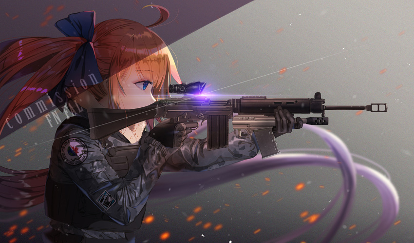 1girl ahoge alternate_costume bangs battle_rifle black_gloves blonde_hair blue_bow blue_eyes bow breastplate breasts camouflage_jacket character_name covered_mouth eyebrows_visible_through_hair fal_(girls_frontline) floating_hair fn_fal fur-trimmed_jacket fur_trim girls_frontline gloves gun holding holding_gun holding_weapon jacket kyoungi_nyang lens_flare light_particles long_hair long_sleeves looking_afar ribbon rifle scope serious side_ponytail sidelocks solo tactical_clothes very_long_hair vest weapon