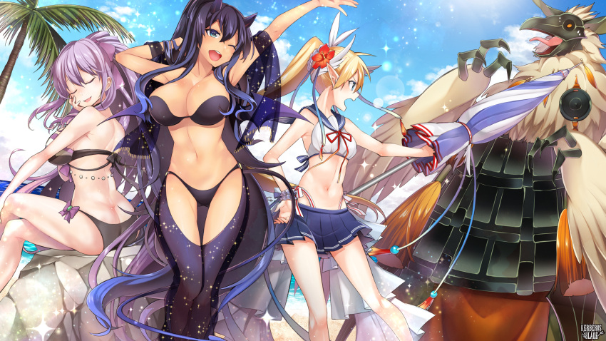 3girls :d ass beach_umbrella bikini black_bikini blonde_hair breasts butt_crack cleavage clouds cloudy_sky flower hair_flower hair_ornament hand_on_hip hand_on_own_cheek hibiscus highres horns kerberos_blade legs_crossed lens_flare long_hair medium_breasts multiple_girls navel one_eye_closed open_mouth palm_tree pleated_skirt pointy_ears ponytail purple_hair skirt sky smile swimsuit takajo16 thong tree umbrella