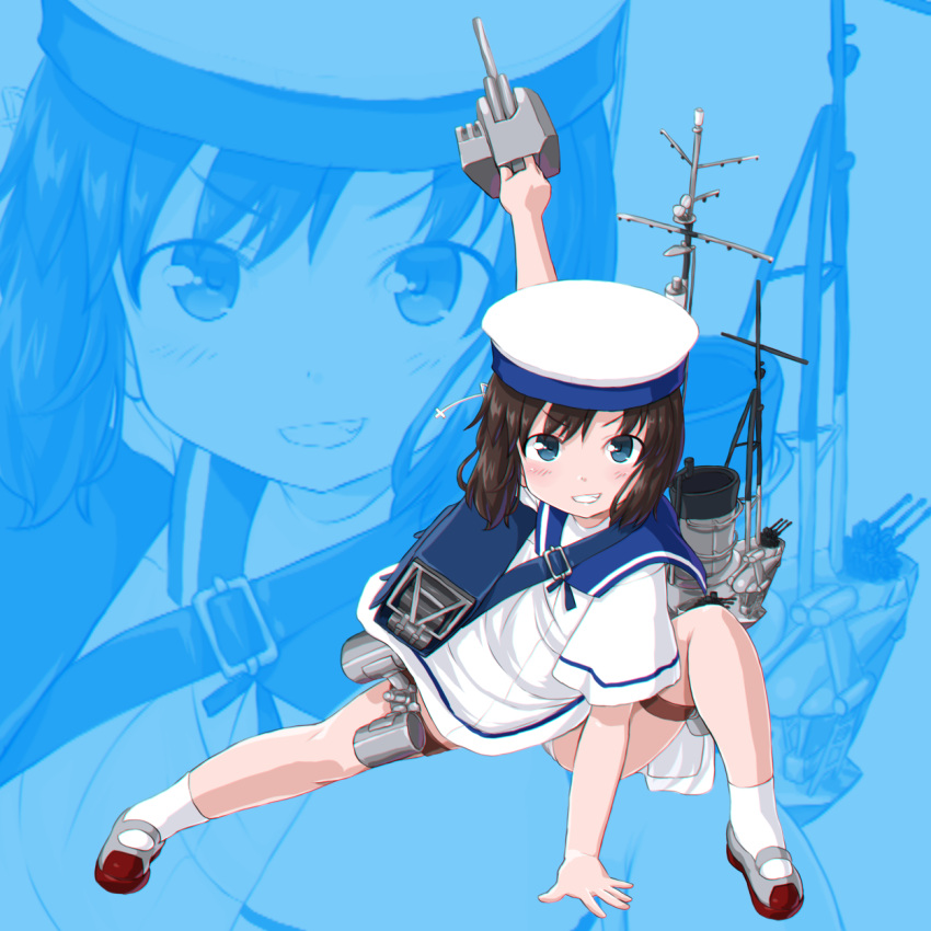 1girl arm_up black_hair blue_background blue_eyes cannon daitou_(kantai_collection) dd_(ijigendd) dress grin hat highres kantai_collection looking_at_viewer machinery mast pose rigging sailor_collar sailor_dress sailor_hat shoes short_hair short_sleeves smile smokestack solo turret uwabaki white_hat zoom_layer