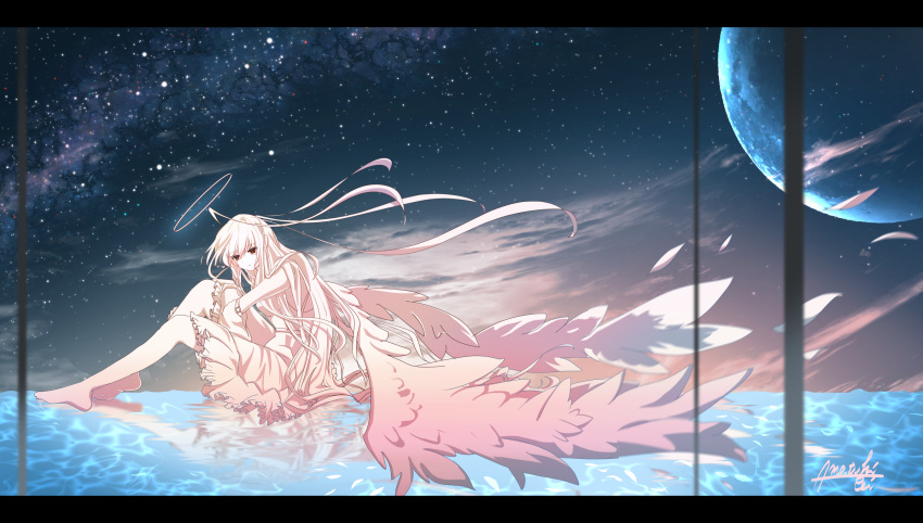 1girl amatsuki_rei angel angel_wings barefoot commentary_request dress fantasy halo highres letterboxed long_hair looking_at_viewer milky_way original planet red_eyes reflection scenery signature sitting sitting_on_water sky solo star_(sky) starry_sky wings