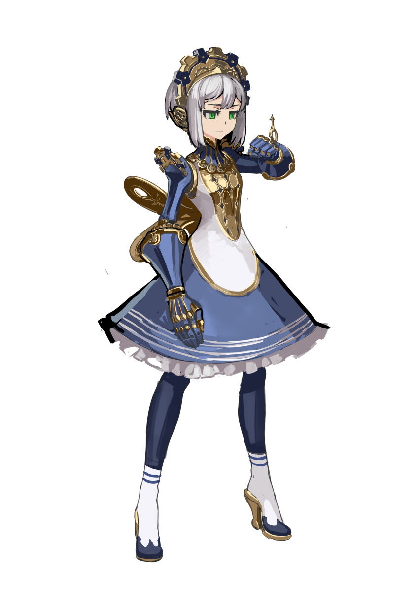 1girl absurdres armor bangs clenched_hand dress fantasy frilled_dress frills full_body gears green_eyes high_heels highres original robot_joints short_hair simple_background solo square_pupils sumith white_background white_hair winding_key