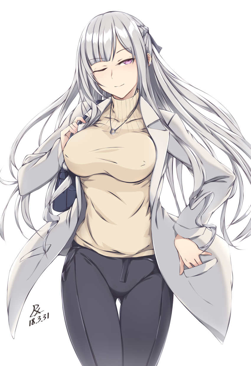 1girl absurdres ak-12_(girls_frontline) alternate_costume bag bangs black_pants blunt_bangs braid breasts buttons casual closed_mouth coat dated earrings eyebrows_visible_through_hair french_braid girls_frontline grey_ribbon hair_ribbon half-closed_eye hand_in_pocket highres holding_bag jewelry large_breasts long_hair long_sleeves looking_at_viewer necklace one_eye_closed open_clothes open_coat pants pocket ribbed_sweater ribbon ring shoulder_bag sidelocks signature silver_hair simple-background smile solo sweater turtleneck turtleneck_sweater very_long_hair violet_eyes white_background white_coat zhishi_ge_fangzhang
