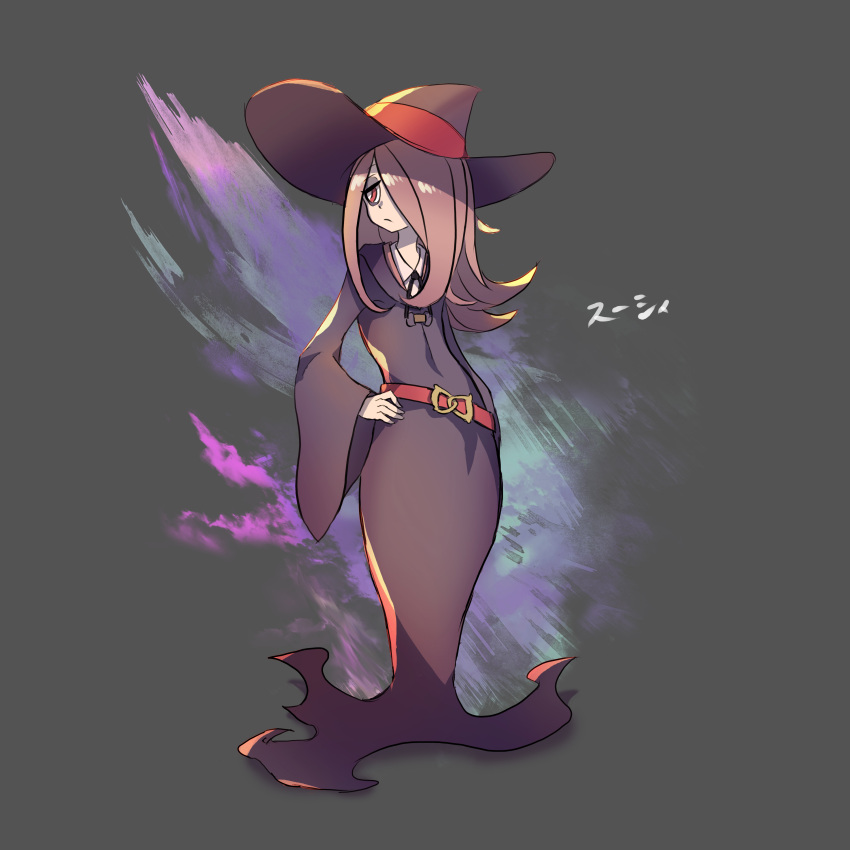 1girl absurdres bags_under_eyes belt character_name hair_over_one_eye hand_on_hip hat highres lavender_hair little_witch_academia long_hair looking_to_the_side robe shonbiki solo sucy_manbavaran witch witch_hat