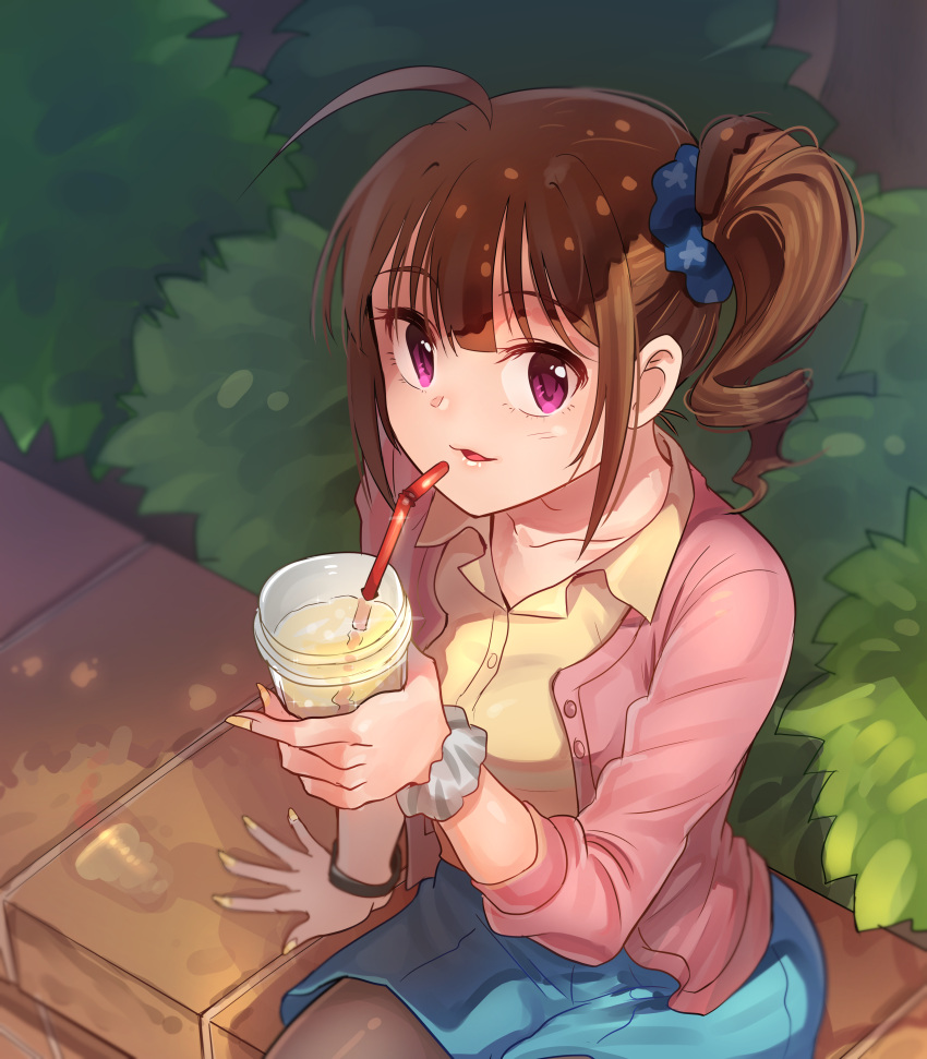 1girl absurdres ahoge blush bracelet breasts brown_hair brown_legwear collarbone collared_shirt drinking_straw eyebrows_visible_through_hair highres idolmaster idolmaster_million_live! jewelry kamille_(vcx68) large_breasts looking_at_viewer nail_polish outdoors pantyhose parted_lips shirt short_hair side_drill sitting smile solo violet_eyes yellow_nails yellow_shirt yokoyama_nao