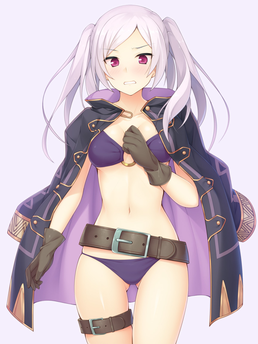 1girl belt belt_buckle bikini black_coat blush breasts brown_gloves buckle cleavage clenched_hand clenched_teeth coat cowboy_shot fire_emblem fire_emblem_heroes forehead gloves gluteal_fold hand_on_own_chest highres ihara_asta jacket_on_shoulders looking_at_viewer medium_breasts my_unit_(fire_emblem:_kakusei) navel o-ring_bikini o-ring_top open_clothes open_coat open_mouth pink_eyes purple_background purple_bikini purple_hair solo standing stomach swimsuit teeth thigh_strap v-shaped_eyebrows