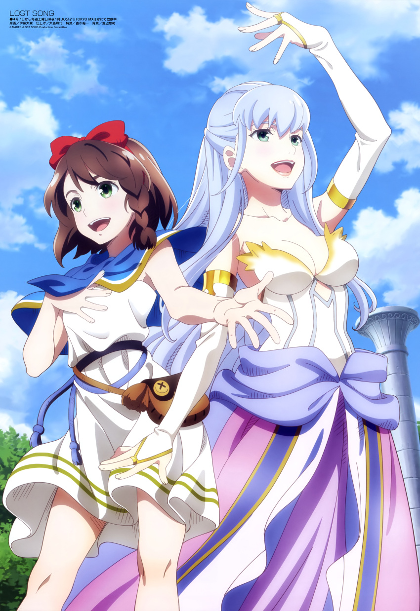 2girls absurdres bag blue_capelet blush bow braid breasts brown_bag brown_hair cleavage clouds cutout day diamond_(shape) dress finis_(lost_song) gloves green_eyes hair_bow hand_on_own_chest highres itou_tsubasa_(artist) large_breasts lipstick long_hair lost_song makeup medium_breasts megami multiple_girls official_art open_mouth outdoors outstretched_arm pillar pink_lipstick print_dress red_bow rin_(lost_song) silver_hair single_braid smile standing strapless strapless_dress teeth tree white_dress white_gloves
