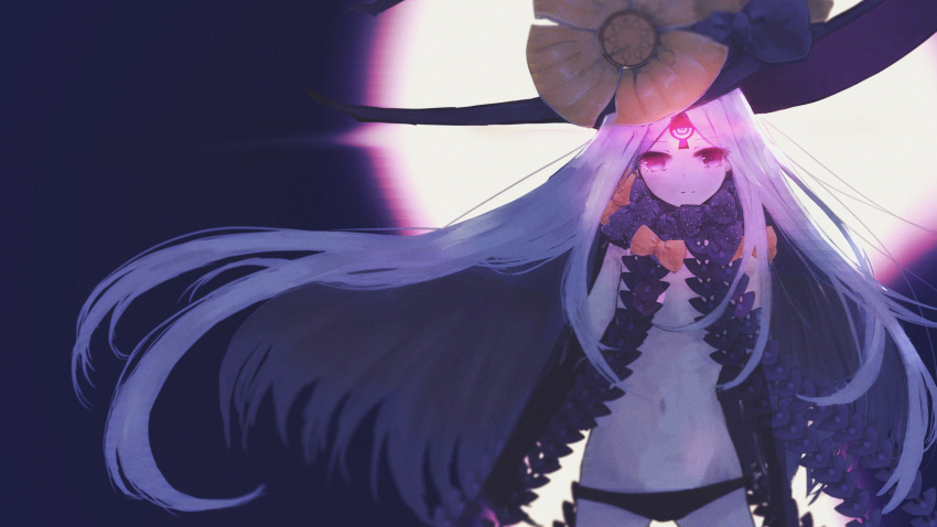1girl abigail_williams_(fate/grand_order) bangs black_bow black_hat black_panties blush bow closed_mouth commentary_request dogezachan fate/grand_order fate_(series) glowing hat hat_bow highres long_hair looking_at_viewer navel orange_bow pale_skin panties parted_bangs polka_dot polka_dot_bow revealing_clothes solo topless underwear very_long_hair violet_eyes white_hair witch_hat