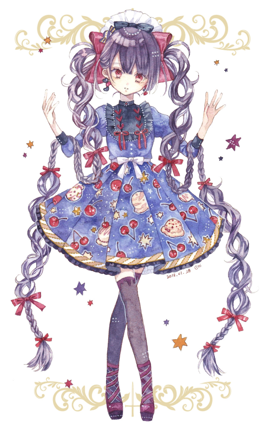 1girl absurdly_long_hair absurdres artist_name bangs black_bow black_hair black_legwear blue_dress bow braid cherry_print commentary_request cross-laced_footwear dated dress earrings food_print frills full_body hair_bow hands_up heart heart_earrings highres jewelry legs_crossed lolita_fashion long_hair looking_at_viewer maid_headdress original parted_lips pleated_dress print_dress red_bow red_eyes solo standing star star_print thigh-highs traditional_media twin_braids uni_(setsuna_gumi39) very_long_hair watercolor_(medium) white_bow