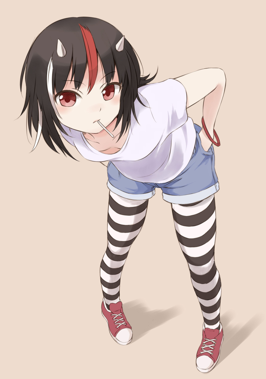 1girl absurdres alternate_costume beige_background black_hair candy casual collarbone food full_body hands_in_pockets highres horns kijin_seija leaning_forward lollipop looking_at_viewer multicolored_hair red_eyes red_footwear redhead shirt shoes short_shorts shorts simple_background solo standing streaked_hair striped striped_legwear techi_(techi35499) thigh-highs touhou white_hair white_shirt