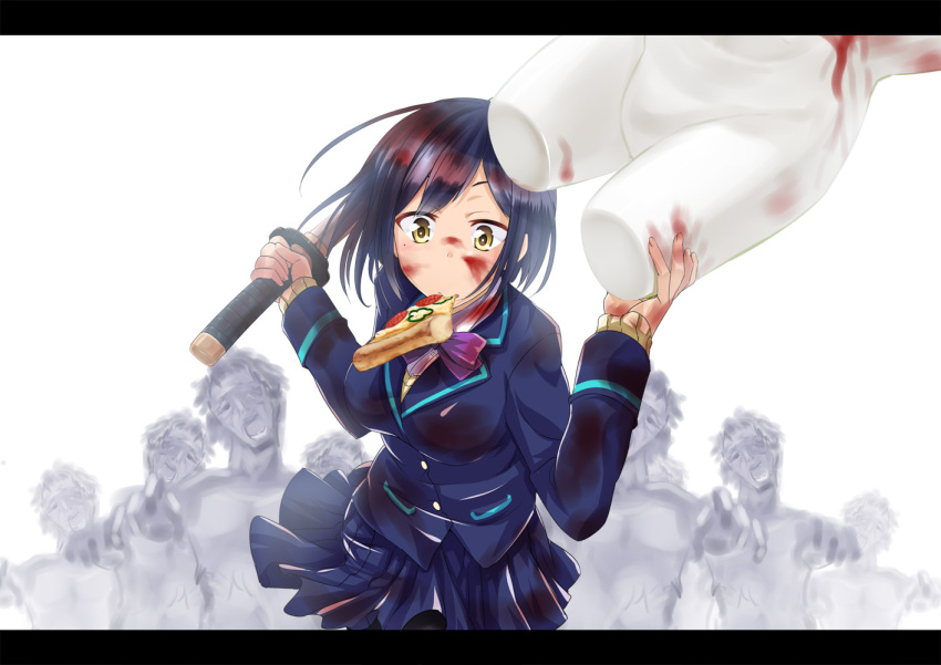 1girl 6+boys bangs black_hair black_legwear blazer blood blood_on_face blue_blazer blue_skirt breasts closed_mouth collared_shirt commentary_request eyebrows_visible_through_hair fingernails food food_in_mouth head_tilt holding holding_sword holding_weapon iga_tamaki jacket katana letterboxed long_sleeves looking_at_viewer medium_breasts mouth_hold multiple_boys nijisanji outstretched_arms pizza pleated_skirt running school_uniform shirt shizuka_rin short_hair skirt sleeves_past_wrists slice_of_pizza solo_focus sword weapon white_background white_shirt yellow_eyes zombie