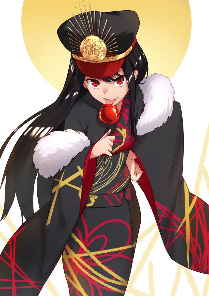 1girl :p absurdres bangs black_hair black_hat black_kimono candy_apple commentary_request eyebrows_visible_through_hair family_crest fate/grand_order fate_(series) food fur_trim hat highres holding holding_food japanese_clothes kimono koha-ace long_hair long_sleeves looking_at_viewer military_hat obi oda_nobunaga_(fate) oda_uri peaked_cap print_kimono red_eyes sash sawawse solo tongue tongue_out very_long_hair white_background wide_sleeves
