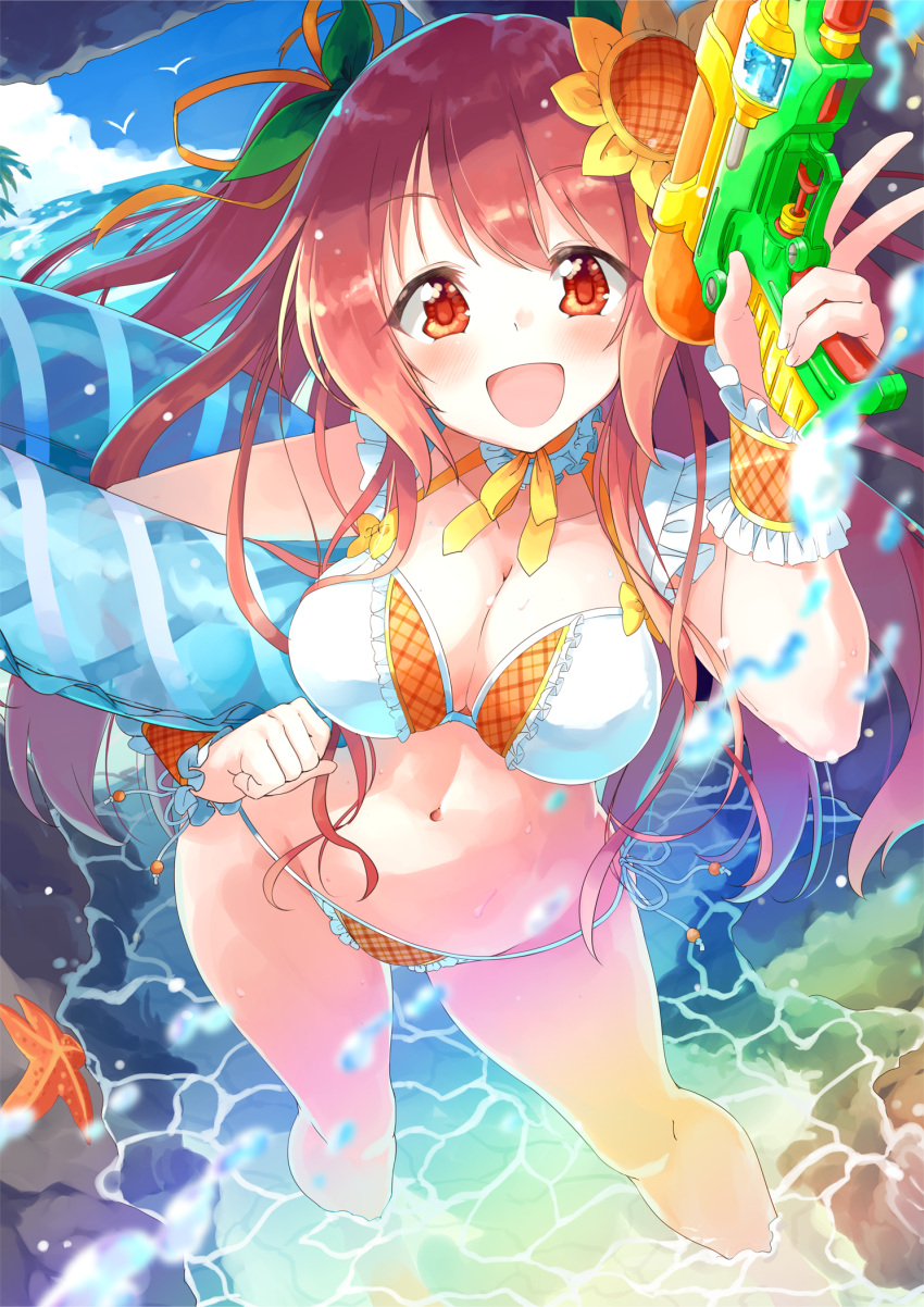 1girl :d bangs beach bikini blush bow breasts brown_eyes brown_hair cleavage clenched_hand detached_collar flower frilled_bikini frilled_cuffs frills green_bow hair_bow hair_flower hair_ornament hair_ribbon highres innertube long_hair looking_at_viewer medium_breasts midriff moe2018 naka_akira navel neck_ribbon one_side_up open_mouth orange_ribbon original ribbon side-tie_bikini smile solo starfish swimsuit v wading water water_drop water_gun wrist_cuffs yellow_neckwear