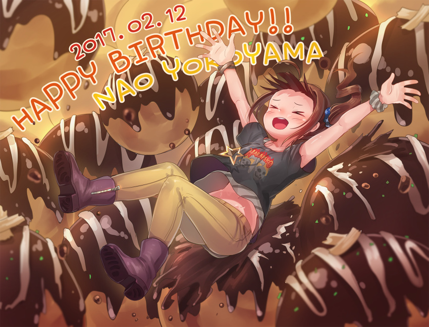 &gt;_&lt; 1girl :d ahoge boots bra_strap brown_hair character_name closed_eyes collarbone dated eyebrows_visible_through_hair facing_away full_body happy_birthday highres idolmaster idolmaster_million_live! kamille_(vcx68) navel open_mouth short_hair side_drill smile solo xd yokoyama_nao