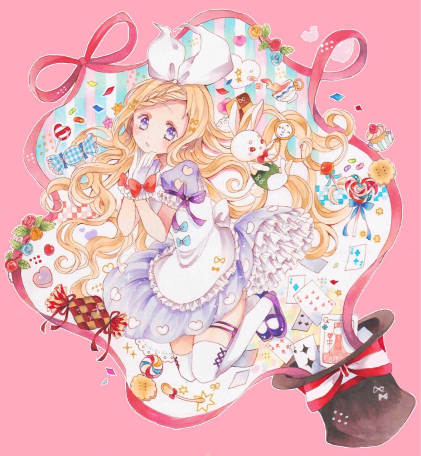 1girl alice_(wonderland) alice_in_wonderland black_footwear blonde_hair blue_eyes bow braid candy card commentary_request cookie cupcake dress flower food frilled_gloves frilled_skirt frills gloves hair_bow hand_on_own_chin hands_together hat heart heart_print highres light_blush lollipop long_hair marker_(medium) mary_janes petticoat pink_background playing_card pocket_watch rabbit red_bow red_ribbon ribbon shoes short_sleeves skirt sock_garters solo spoon thigh-highs top_hat traditional_media uni_(setsuna_gumi39) watch watercolor_(medium) wavy_mouth white_bow white_gloves white_legwear