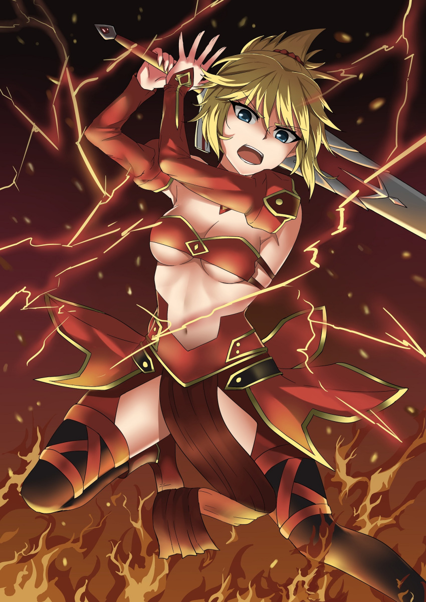 1girl blonde_hair blue_eyes breasts clarent cleavage detached_sleeves fate/apocrypha fate_(series) highres lightning medium_breasts moon_(xul4eji6bp4) mordred_(fate) mordred_(fate)_(all) navel ponytail solo thigh-highs