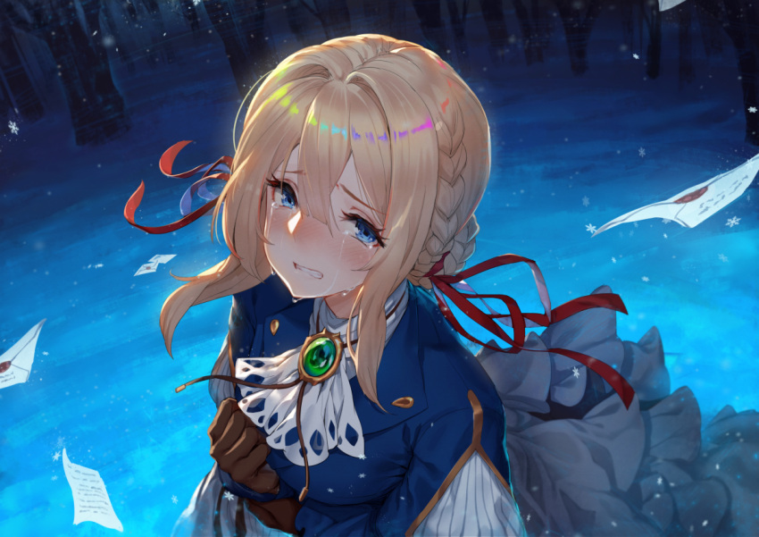 1girl bangs blonde_hair blue_eyes blue_jacket blush braid brooch crying crying_with_eyes_open dress envelope eyebrows_visible_through_hair forest gloves hair_between_eyes hair_intakes hair_ribbon hand_on_own_chest holding_arm jacket jewelry letter long_hair long_sleeves looking_at_viewer love_letter nature night raijuu_(bakanara) red_ribbon ribbon sad snow snowflakes snowing solo tears violet_evergarden violet_evergarden_(character)