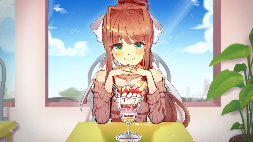 1girl artist_name bangs bare_shoulders blue_sky blush bow brown_hair brown_sweater casual chair closed_mouth clouds collarbone cup day doki_doki_literature_club elbows_on_table eyebrows_visible_through_hair food fruit green_eyes hair_bow hair_intakes hands_clasped highres ice_cream indoors long_hair long_sleeves looking_at_viewer monika_(doki_doki_literature_club) own_hands_together parfait plant pocky ponytail potted_plant pov_across_table prodonyang ribbed_sweater ribbon sidelocks sitting sky smile solo strawberry sweater table twitter_username upper_body wafer white_bow window