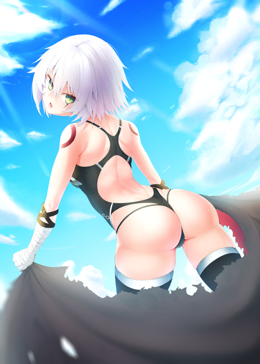 1girl ass bandage bandaged_arm bangs bare_shoulders black_legwear black_swimsuit blue_sky clouds commentary_request day eyebrows_visible_through_hair facial_scar fate/grand_order fate_(series) green_eyes hair_between_eyes head_tilt highres jack_the_ripper_(fate/apocrypha) looking_at_viewer looking_back open_mouth outdoors scar scar_across_eye scar_on_cheek shoulder_tattoo silver_hair sky solo sunlight swimsuit tattoo thigh-highs zuizhong