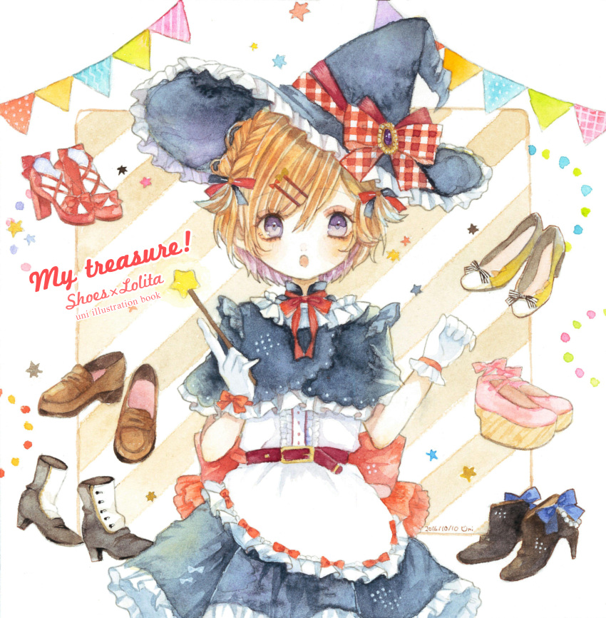 1girl :o absurdres apron belt black_eyes black_footwear boots bow braid brown_footwear brown_hair capelet center_frills cover cover_page doujin_cover dress frilled_apron frilled_dress frilled_hat frilled_shirt_collar frills gloves hair_bow hair_ornament hairpin hat hat_bow high_heel_boots high_heels highres index_finger_raised loafers looking_at_viewer neck_ribbon original plaid plaid_bow red_footwear red_ribbon ribbon shoes shoes_removed short_hair side_braid solo star string_of_flags traditional_media uni_(setsuna_gumi39) wand watercolor_(medium) white_gloves witch witch_hat yellow_footwear