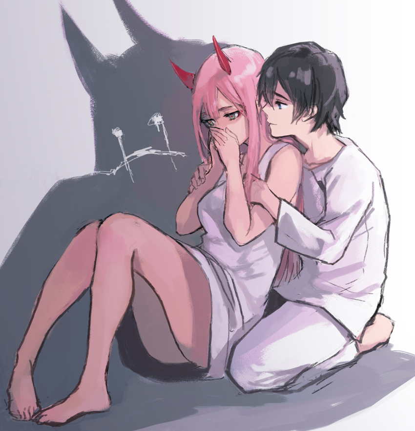 1boy 1girl aqua_eyes bangs black_hair blue_eyes comforting covering_mouth crying darling_in_the_franxx dress eyebrows_visible_through_hair eyeshadow from_behind gown hand_to_own_mouth highres hiro_(darling_in_the_franxx) holding holding_arms horns hospital_gown makeup monster nakadai_chiaki pants pink_hair seiza shadow shirt short_hair silhouette sitting straight_hair white_dress white_pants white_shirt zero_two_(darling_in_the_franxx)