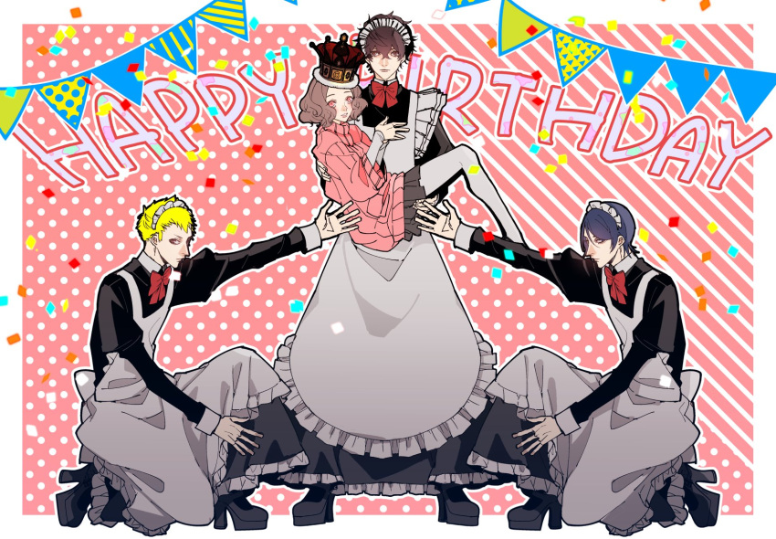 1girl 3boys alternate_costume amamiya_ren apron birthday blonde_hair blue_hair brown_eyes brown_hair commentary_request confetti crossdressinging crown enmaided grey_skirt highres kitagawa_yuusuke maid maid_apron maid_headdress multiple_boys okumura_haru pantyhose persona persona_5 pink_sweater platform_footwear platform_heels pleated_skirt polka_dot polka_dot_background presenting ribbed_sweater ryyohko sakamoto_ryuuji short_hair skirt string_of_flags sweater white_legwear