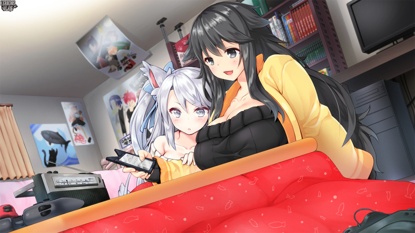 2girls :3 animal_ears animal_print bed black_eyes blush breasts cat_phone_case cellphone cleavage controller copyright_name curtains dutch_angle fang fish_print game_controller grey_eyes highres huge_breasts kerberos_blade kotatsu long_hair multiple_girls nekoyashiki_arare nekoyashiki_chimaki off-shoulder_sweater ozuka_suma phone poster poster_(object) radio ribbed_sweater smartphone sweater table television very_long_hair