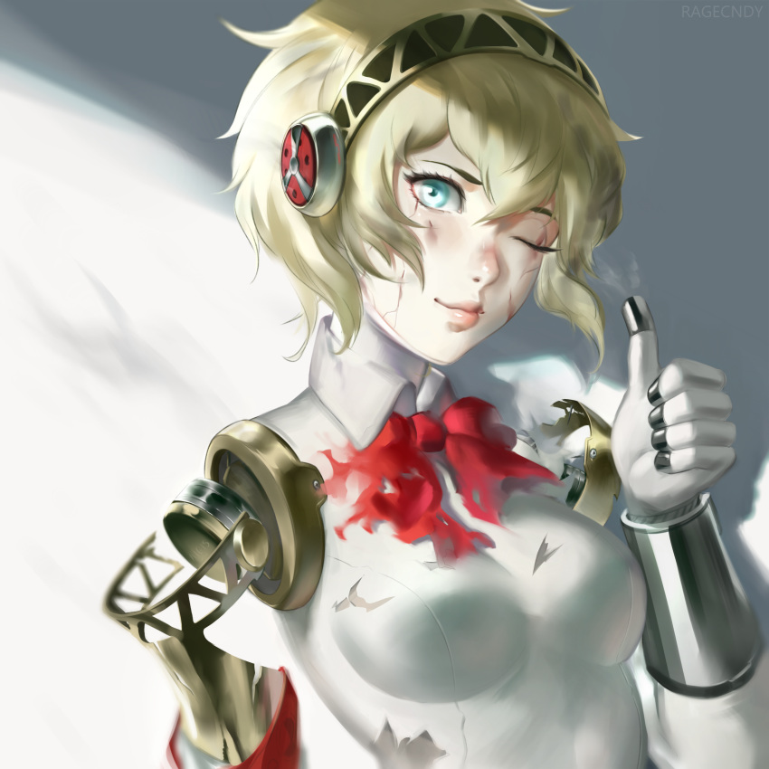 1girl absurdres aegis_(persona) blonde_hair blood blue_eyes highres injury looking_at_viewer neck_ribbon one_eye_closed persona persona_3 ragecndy ribbon smile solo thumbs_up