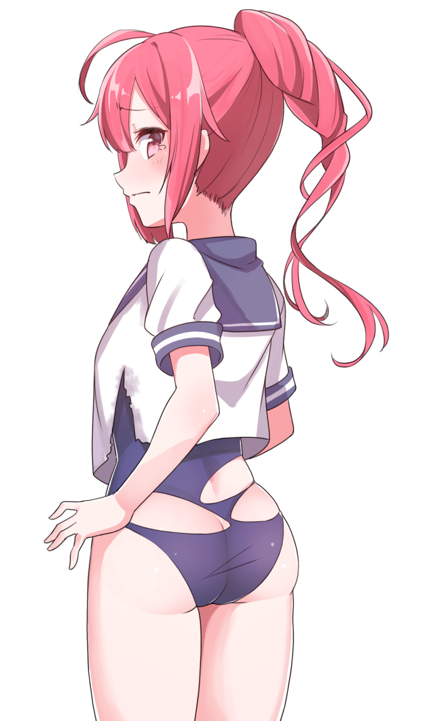 1girl ass bangs blue_swimsuit blush butt_crack closed_mouth cowboy_shot eyebrows_visible_through_hair from_behind highres i-168_(kantai_collection) kantai_collection konnyaku_(kk-monmon) long_hair looking_at_viewer looking_back one-piece_swimsuit ponytail red_eyes redhead school_swimsuit school_uniform serafuku short_sleeves sidelocks simple_background solo swimsuit swimsuit_under_clothes tears thighs torn_clothes torn_swimsuit white_background