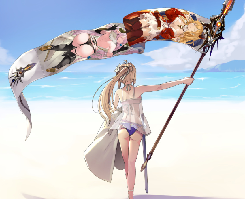 1girl ass back bikini black_footwear black_gloves black_panties blonde_hair blue_bikini boots breasts brown_jacket brown_legwear carrying character_request chemise closed_eyes clouds cloudy_sky commentary_request dakimakura_(object) day flag flower from_behind gloves granblue_fantasy hair_flower hair_ornament hair_ribbon high_heel_boots high_heels hinami_(hinatamizu) holding holding_staff island jacket jeanne_d'arc_(granblue_fantasy) long_hair lying medium_breasts ocean on_back on_stomach orns outdoors panties pillow ponytail purple_hair ribbon see-through skirt sky solo staff standing swimsuit sword thigh-highs thigh_boots thong underwear weapon white_skirt