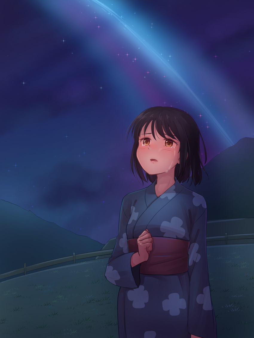 1girl absurdres black_hair blush breasts crying crying_with_eyes_open eyebrows_visible_through_hair highres japanese_clothes kamille_(vcx68) kimi_no_na_wa kimono looking_away medium_breasts miyamizu_mitsuha night night_sky outdoors parted_lips sad short_hair sky solo star_(sky) starry_sky tears toho_corp. yellow_eyes