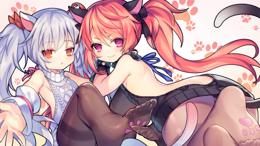 2girls animal_ears aran_sweater ass backless_outfit bangs bare_shoulders black_bow black_sweater blue_ribbon blush bow breasts brown_legwear butt_crack cat_ears cat_girl cat_tail character_request closed_mouth closers commentary eyebrows_visible_through_hair fang fang_out hair_between_eyes hair_bow hair_ribbon long_hair meme_attire multiple_girls no_shoes orange_ribbon pantyhose parted_lips red_eyes redhead ribbon shoulder_blades silver_hair small_breasts smile sweater tail thighband_pantyhose tina_(closers) turtleneck turtleneck_sweater twintails utm very_long_hair violet_eyes virgin_killer_sweater white_sweater wrist_cuffs