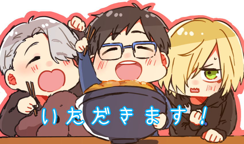 3boys ^_^ black_hair blonde_hair blue-framed_eyewear bowl chopsticks clenched_hand closed_eyes dog food fork glasses green_eyes hair_over_one_eye hood hoodie katsuki_yuuri kyouna makkachin male_focus multiple_boys open_mouth silver_hair smile translation_request viktor_nikiforov yuri!!!_on_ice yuri_plisetsky