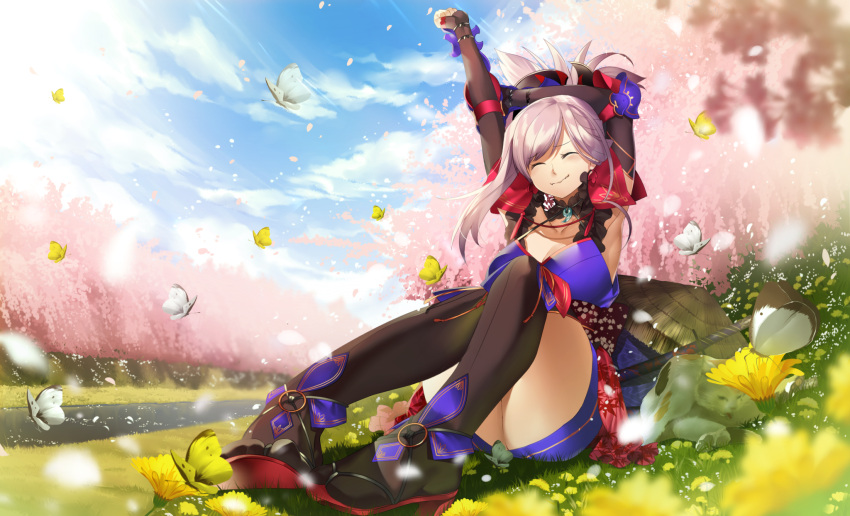 1girl asymmetrical_hair black_legwear blue_kimono butterfly cherry_blossoms day elbow_gloves fate/grand_order fate_(series) flower gloves hamada_pochiwo highres insect japanese_clothes kimono magatama miyamoto_musashi_(fate/grand_order) obi outdoors pink_hair sandals sash short_kimono sitting sky solo stretch thigh-highs yellow_flower