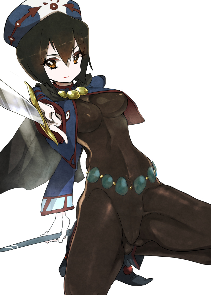 1girl absurdres black_bodysuit black_hair bodysuit breasts brown_eyes chloe_valens closed_mouth cropped_jacket full_body hat highres holding holding_sword holding_weapon impossible_bodysuit impossible_clothes kneeling looking_at_viewer medium_breasts nikumanman no_nose pale_skin shoes short_hair simple_background skin_tight solo sword tales_of_(series) tales_of_legendia weapon white_background
