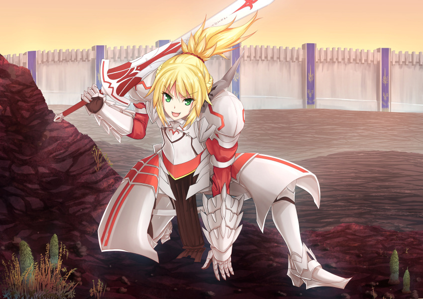1girl absurdres armor banner blonde_hair braid breastplate clarent fate/apocrypha fate/grand_order fate_(series) fighting_stance french_braid green_eyes highres inaroinaroi mordred_(fate) mordred_(fate)_(all) one_knee over_shoulder ponytail scrunchie sword sword_over_shoulder wall weapon weapon_over_shoulder