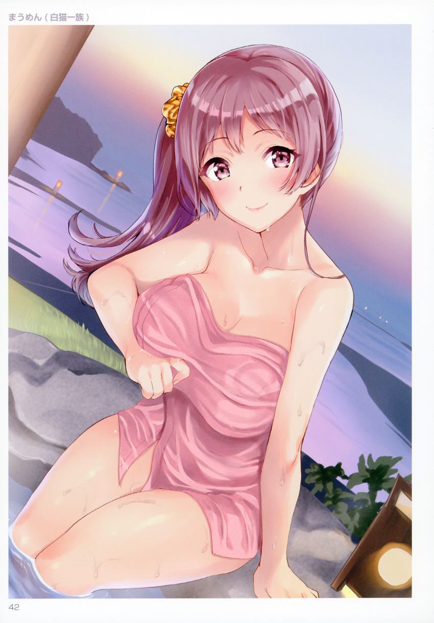 1girl absurdres artist_name bangs bare_arms bare_shoulders blush breast_hold breasts collarbone dutch_angle evening eyebrows_visible_through_hair floodlights grass hair_ornament highres large_breasts leaf lips long_hair looking_at_viewer maumen ocean onsen original page_number partially_submerged purple_hair rock side_ponytail sitting smile solo tareme thighs toranoana towel violet_eyes water wet