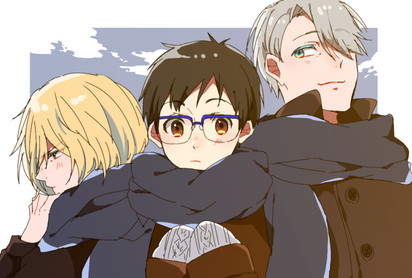 3boys black_hair blonde_hair blue-framed_eyewear blue_eyes brown_eyes coat glasses green_eyes hair_over_one_eye katsuki_yuuri kyouna male_focus multiple_boys scarf shared_scarf silver_hair smile upper_body viktor_nikiforov yuri!!!_on_ice yuri_plisetsky