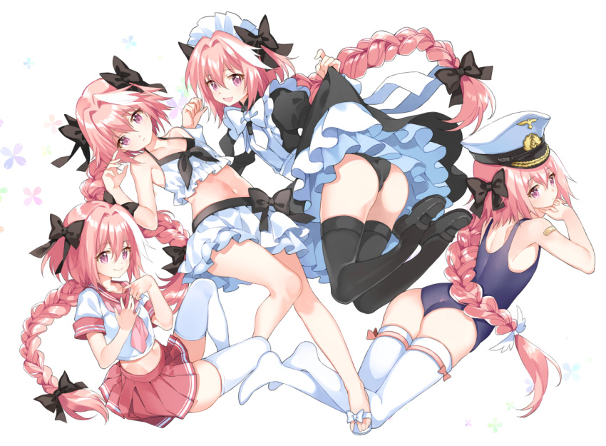 1boy :d apron arm_behind_back armpits ass astolfo_(fate) bandaid_on_arm bangs bare_arms bare_legs bare_shoulders bikini bikini_skirt black_bow black_dress black_footwear black_legwear black_panties blue_swimsuit blush bow bow_bikini bow_legwear braid bulge casual_one-piece_swimsuit chin_rest closed_mouth collarbone commentary_request crop_top crossed_ankles dot_nose dress dress_bow dress_lift expressionless eyebrows_visible_through_hair fang fate/apocrypha fate/grand_order fate_(series) flat_chest flip-flops floral_background frilled_apron frilled_bikini frills from_behind from_side front-tie_top frown hair_between_eyes hair_bow hair_intakes hand_up hands_up hat interlocked_fingers invisible_chair juliet_sleeves knee_up knees_together_feet_apart large_bow legs_up lifted_by_self long_hair long_sleeves looking_at_viewer looking_back looking_to_the_side lying maid maid_apron maid_headdress male_focus mary_janes miniskirt multicolored_hair multiple_views navel neckerchief no_shoes on_back on_stomach one-piece_swimsuit open_mouth panties parted_bangs peaked_cap petticoat pink_bow pink_hair pink_neckwear pleated_skirt puffy_sleeves red_sailor_collar red_skirt sailor_collar sandals school_uniform serafuku shiny shiny_hair shiosoda shirt shoe_bow shoes short_sleeves simple_background single_braid sitting skindentation skirt sleeve_cuffs smile stomach streaked_hair swimsuit thigh-highs trap two-tone_hair underwear very_long_hair violet_eyes white_apron white_background white_bikini white_bow white_footwear white_hair white_hat white_legwear white_shirt zettai_ryouiki