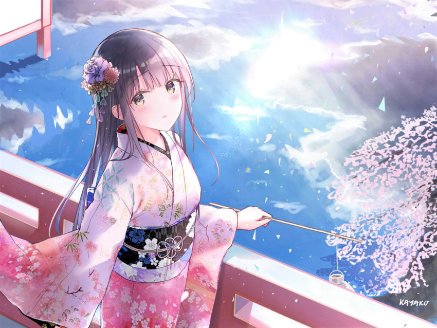 1girl :o artist_name bangs black_hair blue_sky blunt_bangs blush bridge brown_eyes cherry_blossoms clouds cowboy_shot day flower hair_flower hair_ornament highres holding japanese_clothes katou_megumi kayakooooo kimono long_hair long_sleeves looking_at_viewer obi outdoors parted_lips petals pink_kimono purple_flower purple_rose railing reflection revision rose saenai_heroine_no_sodatekata sash shiny shiny_hair sky solo spring_(season) standing sun sunlight tareme water wide_sleeves