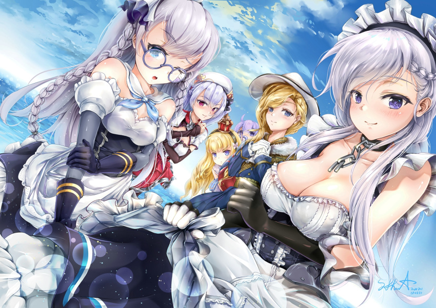 6+girls ;o ahoge ajax_(azur_lane) apron apron_hold azur_lane bangs bare_shoulders belfast_(azur_lane) beret black_collar black_dress black_gloves black_hairband black_ribbon blonde_hair blue_dress blue_eyes blue_sky blush braid breasts broken broken_chain chains cleavage closed_mouth clouds collar collarbone commentary_request crown dated day detached_sleeves dress edinburgh_(azur_lane) elbow elbow_gloves eyebrows_visible_through_hair glasses gloves hair_between_eyes hair_ribbon hairband hat heart highres hood_(azur_lane) horizon hue301 large_breasts long_hair long_sleeves looking_at_viewer maid maid_headdress medium_breasts metal_collar mini_crown multiple_girls ocean one_eye_closed outdoors own_hands_together parted_lips puffy_short_sleeves puffy_sleeves purple-framed_eyewear purple_hair queen_elizabeth_(azur_lane) red_skirt ribbon round_eyewear shirt short_sleeves signature silver_hair skirt sky sleeves_past_wrists smile strapless strapless_dress striped_hairband stuffed_animal stuffed_toy stuffed_unicorn twin_braids unicorn_(azur_lane) upper_body v-shaped_eyebrows very_long_hair violet_eyes waist_apron water white_apron white_gloves white_hair white_ribbon white_shirt