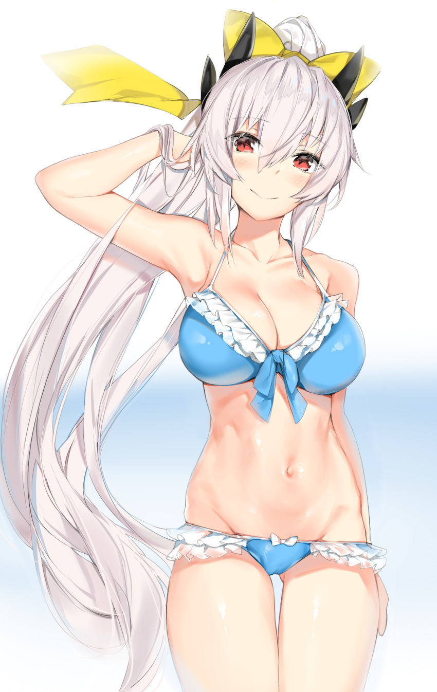 1girl arm_up bangs bikini blue_bikini blush bow breasts cleavage closed_mouth collarbone cowboy_shot eyebrows_visible_through_hair fate/grand_order fate_(series) frilled_bikini frills gluteal_fold hair_between_eyes hair_bow half-closed_eyes hand_in_hair highres kiyohime_(fate/grand_order) kiyohime_(swimsuit_lancer)_(fate) large_breasts long_hair looking_at_viewer navel ponytail red_eyes sidelocks silver_(chenwen) silver_hair smile solo swimsuit thigh_gap thighs very_long_hair yellow_bow
