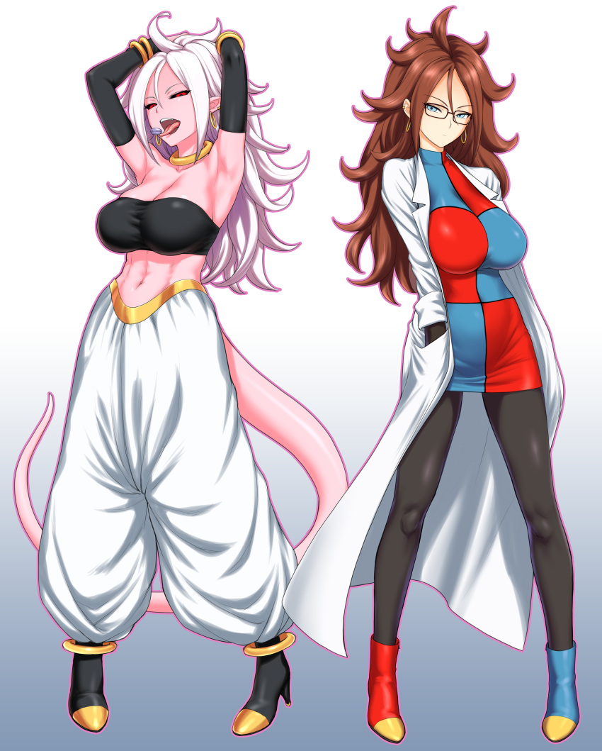 2girls absurdres android_21 anklet black_sclera blue_eyes brown_hair candy dragon_ball dragon_ball_fighterz dual_persona elbow_gloves food full_body glasses gloves highres jewelry labcoat lavender_hair looking_at_viewer macaron majin_android_21 messy_hair multiple_girls pantyhose pink_skin pointy_ears red_eyes st.germain-sal tail tongue tongue_out