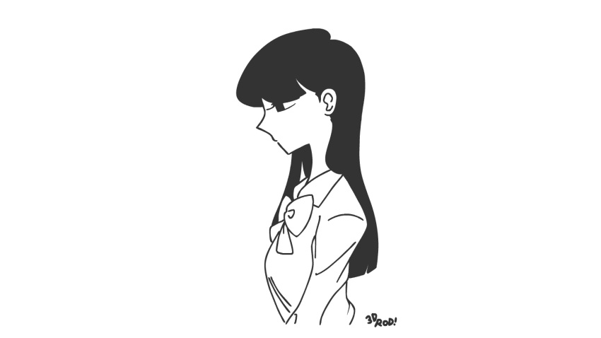 1girl 3d_rod! animal_ears animated animated_gif artist_name bow bowtie from_side greyscale komi-san_wa_komyushou_desu komi_shouko lineart long_hair monochrome school_uniform simple_background solo surprised turning_head upper_body wide-eyed